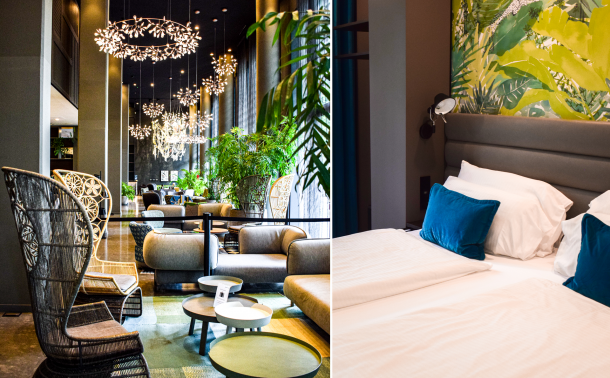 Images of a bedroom and the lobby of Motel One Barcelona-Ciutadella.